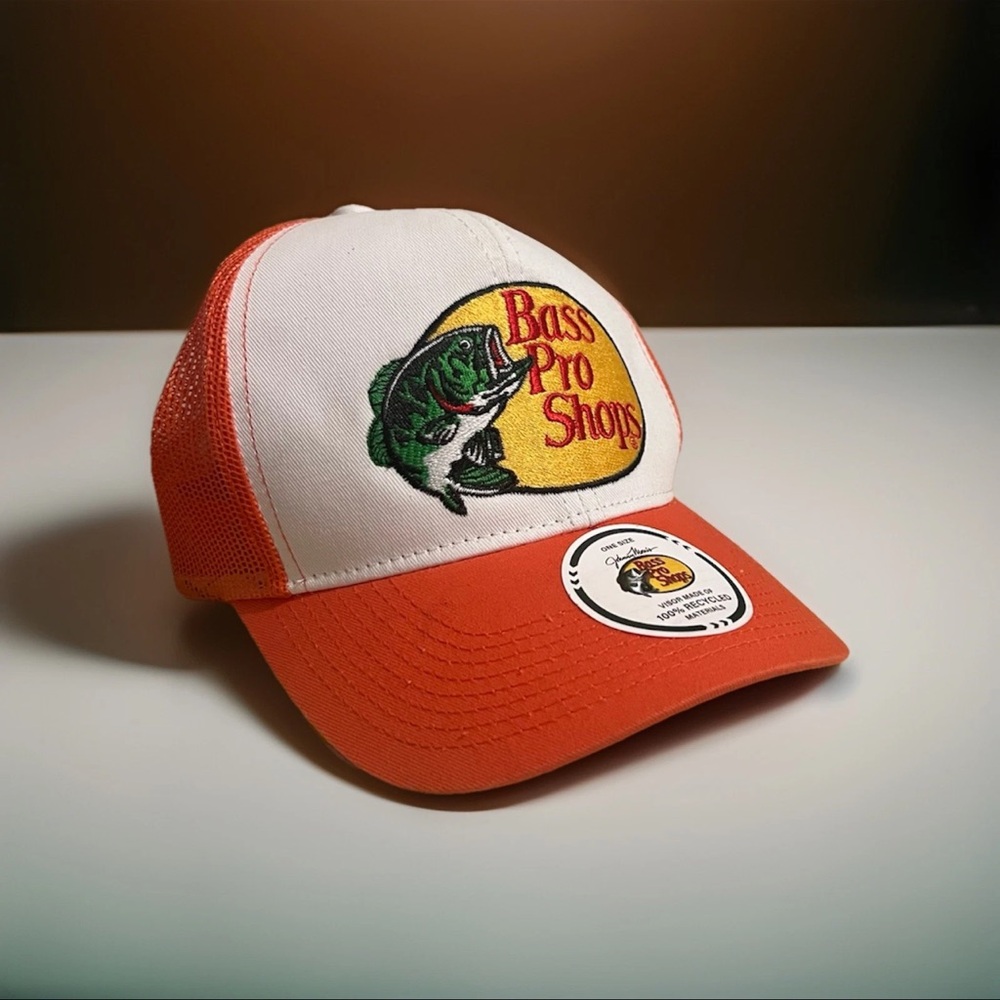 New Bass Pro Shop Orange White Mesh Trucker Cap Hat Adjustable Fishing SnapBack